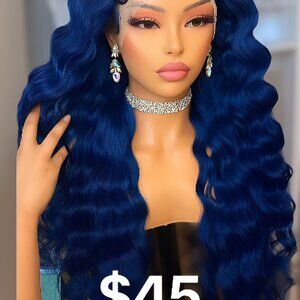 Vivid Blue 28" Deep Wave Lace Front Wig HD Transparent Glueless 180%